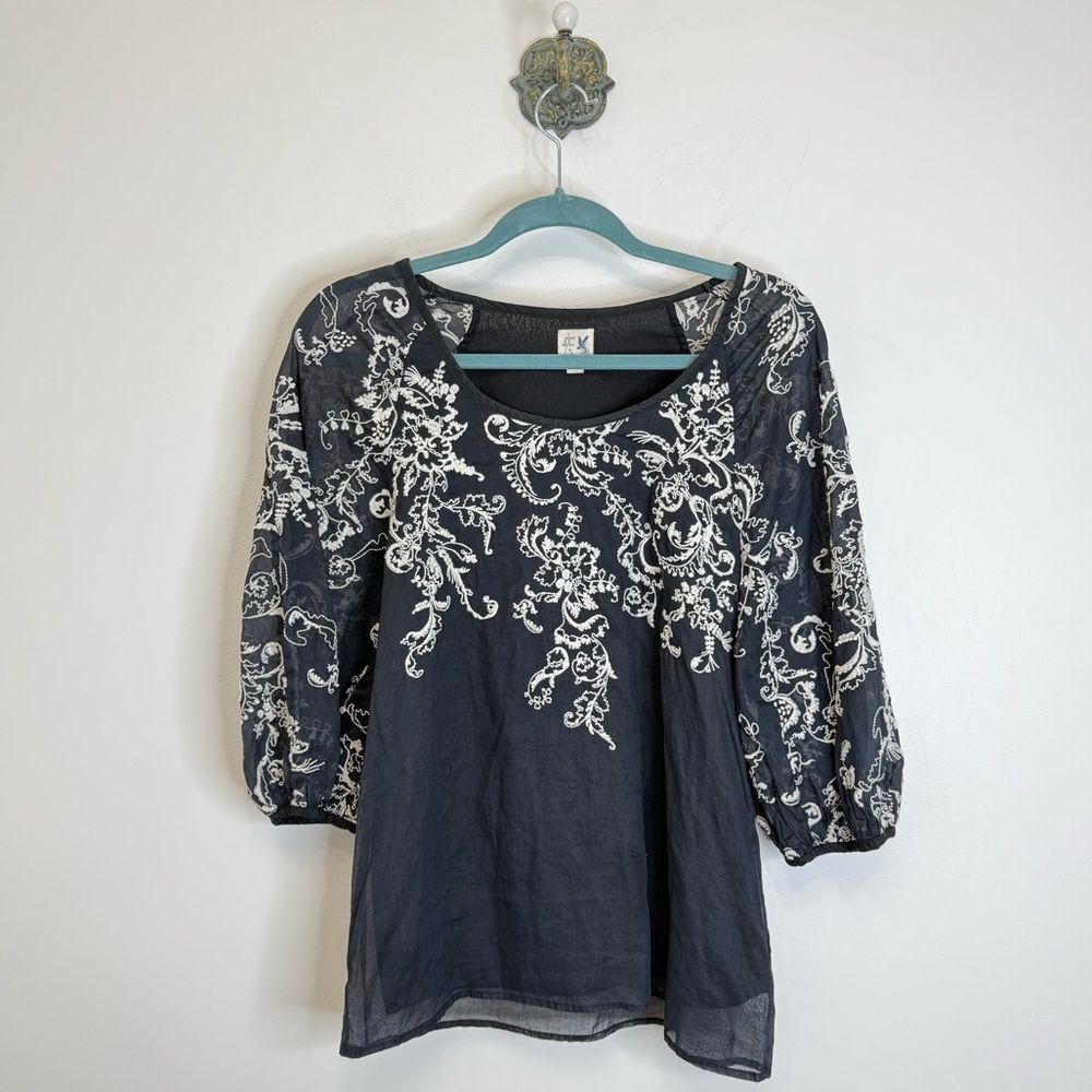 Anthropologie Edme & Esyllte Navy Embroidered Cotton Silk Blouse Top Women Sz 4